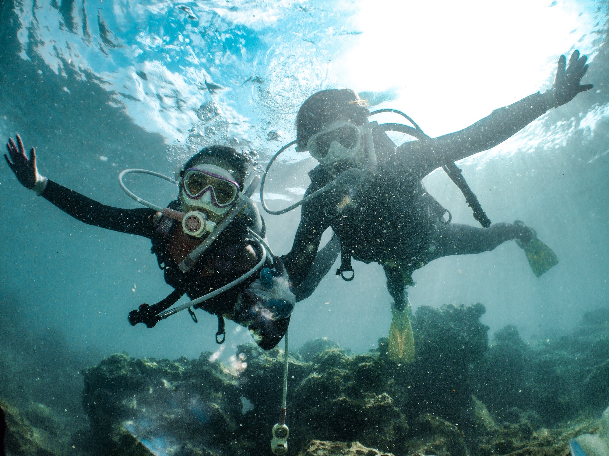 Underwater shot of two people diving